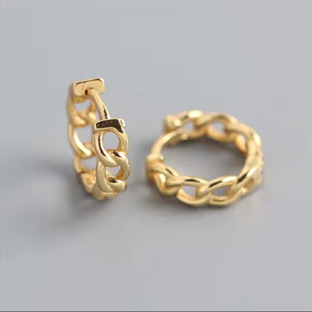 Minimalist Mini Gold Plated Chain Hoops Basketweave Link Earrings Gifts S925 - Picture 2 of 4